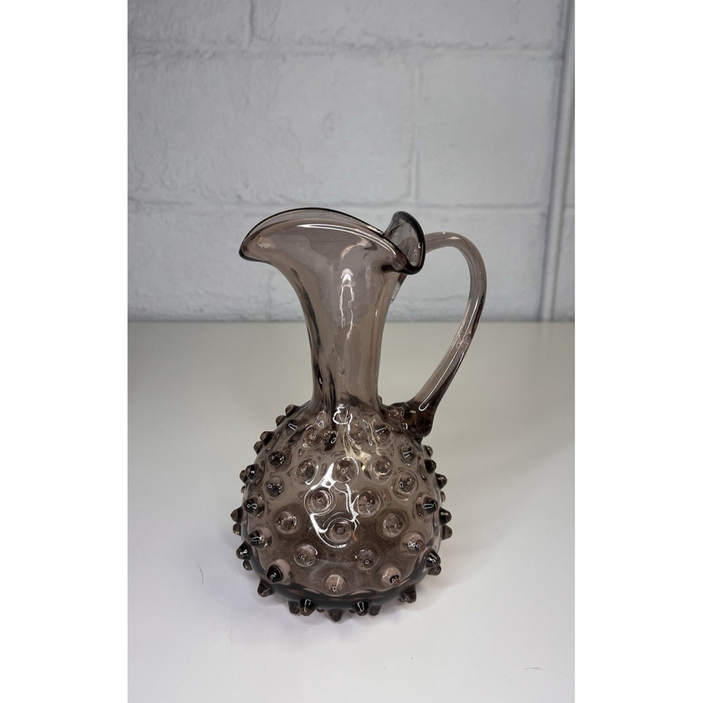 Vintage Empoli Italy Art Glass AMETHYST Pitcher‎ Hobnail Vase Handle 7.5" Purple
